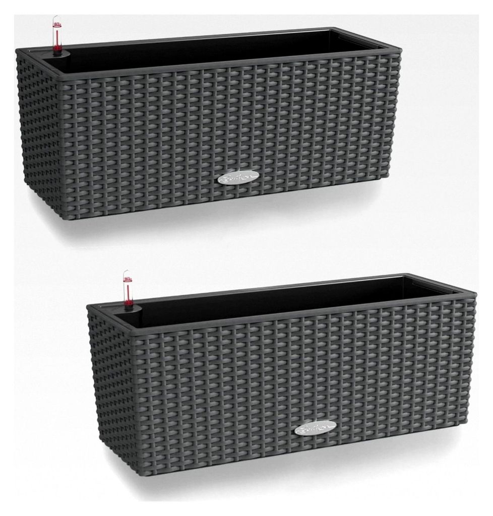 2er Set Selbstbewässernde Pflanzkübel aus Kunststoff für Innen und Außen in Rattan-Optik mit Drainageloch H19 L50 B19 cm Granit