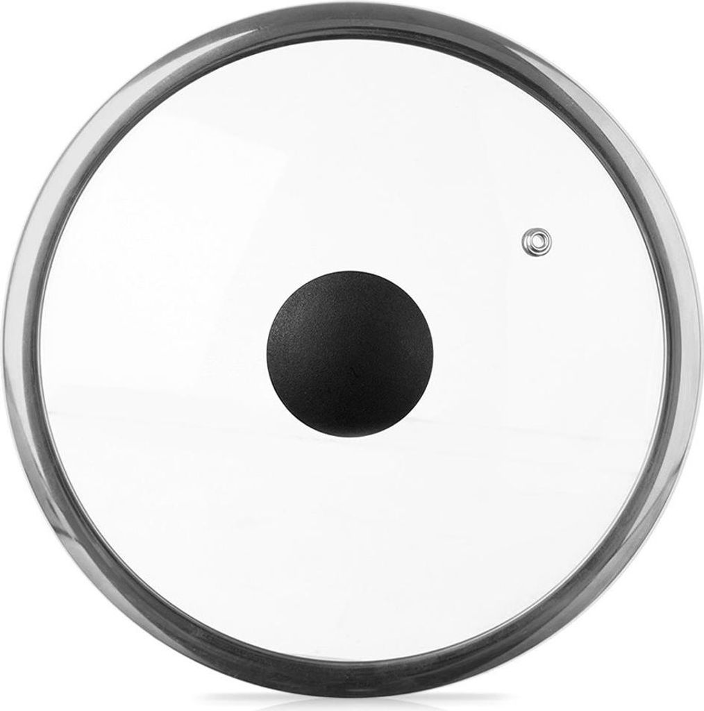 A top-down view of a glass pot lid with a silver rim and a black handle in the center. A small metal vent is visible to the right of the handle.