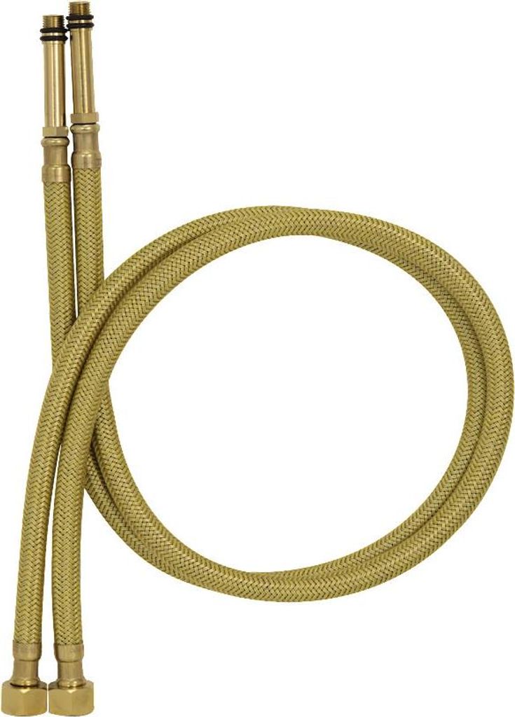 A pair of gold braided hoses with brass fittings on a white background.