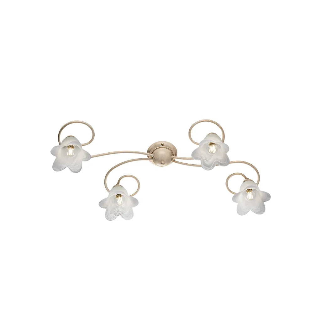Plafoniera 4 Luci Alice in Ferro Battuto Avorio e Oro Antico 87cm