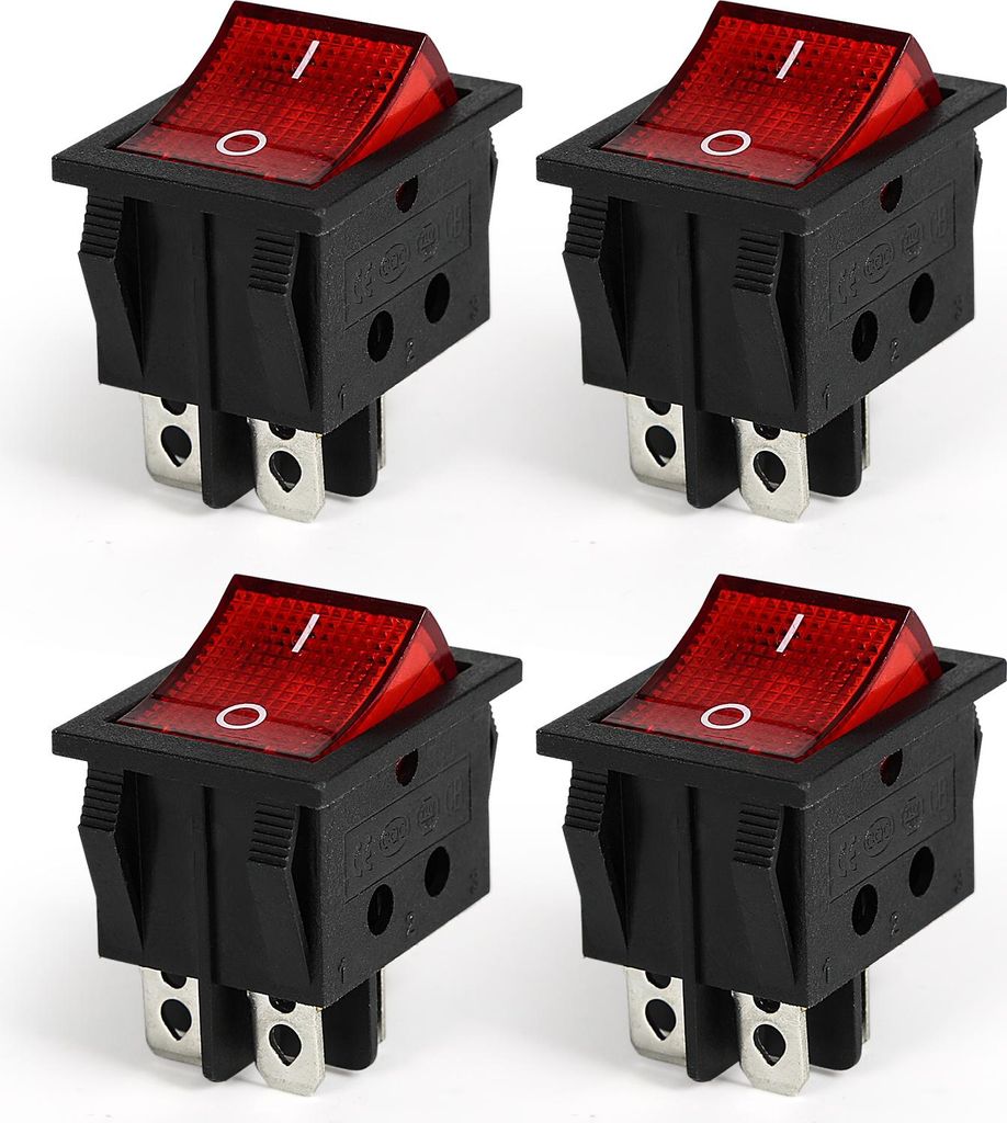 4er Set Kippschalter 4-polig mit Rotem LED Licht, AC 20A/125V 15A/250V, Einbauschalter Snap-In