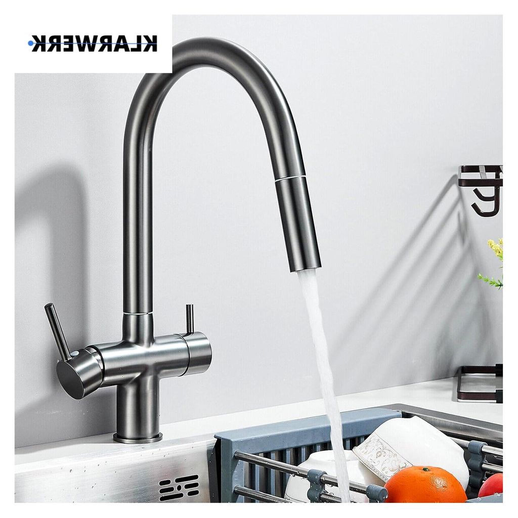 Jana | ausziehbare 3-Wege-Armatur Edelstahl Titangrau | Wasserhahn für gefiltertes Trinkwasser in der Küche | Osmose-Mischbatterie mit U-Auslauf ...
