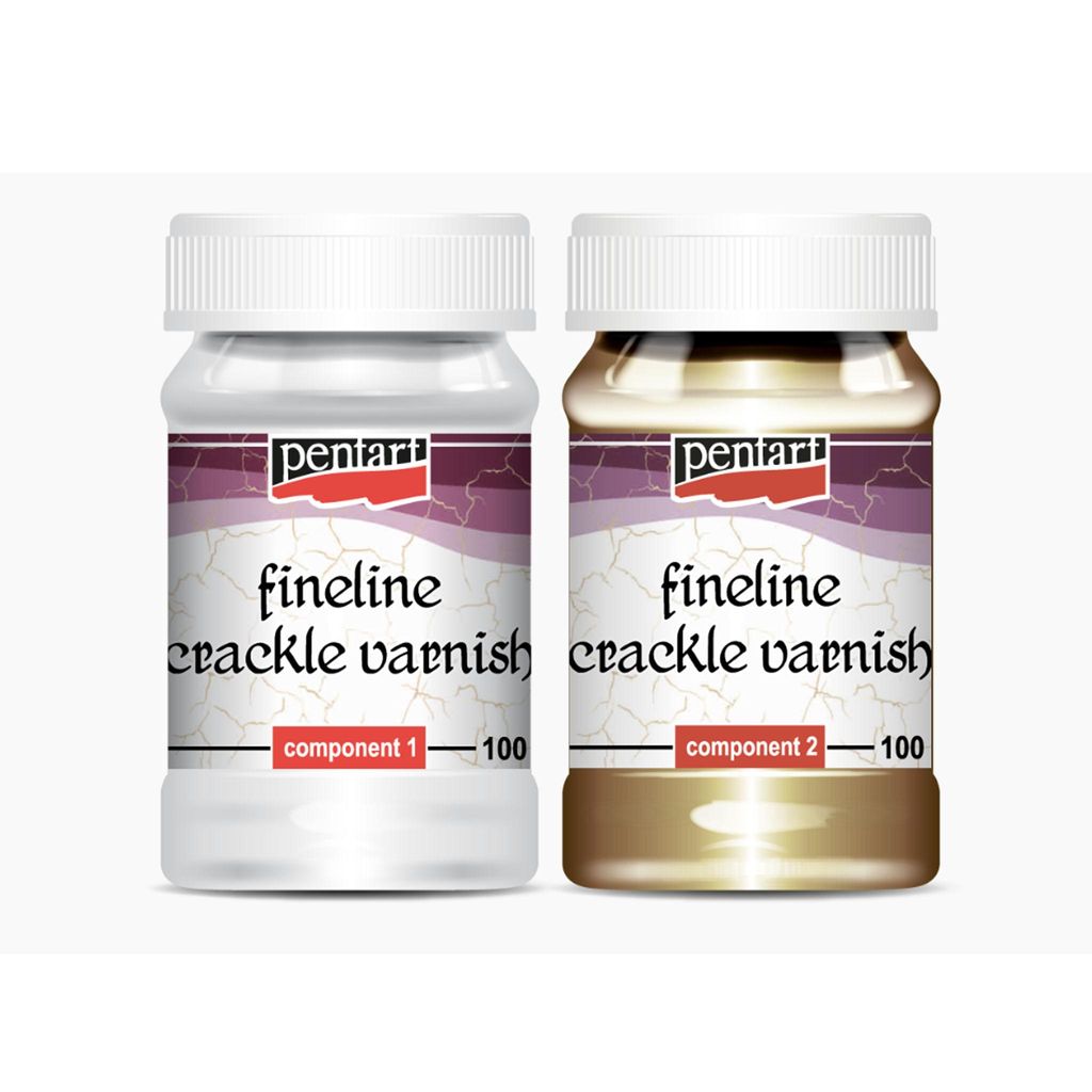 Two bottles of Pentart Fineline Crackle Varnish, Component 1 and Component 2, are shown side-by-side against a white background.