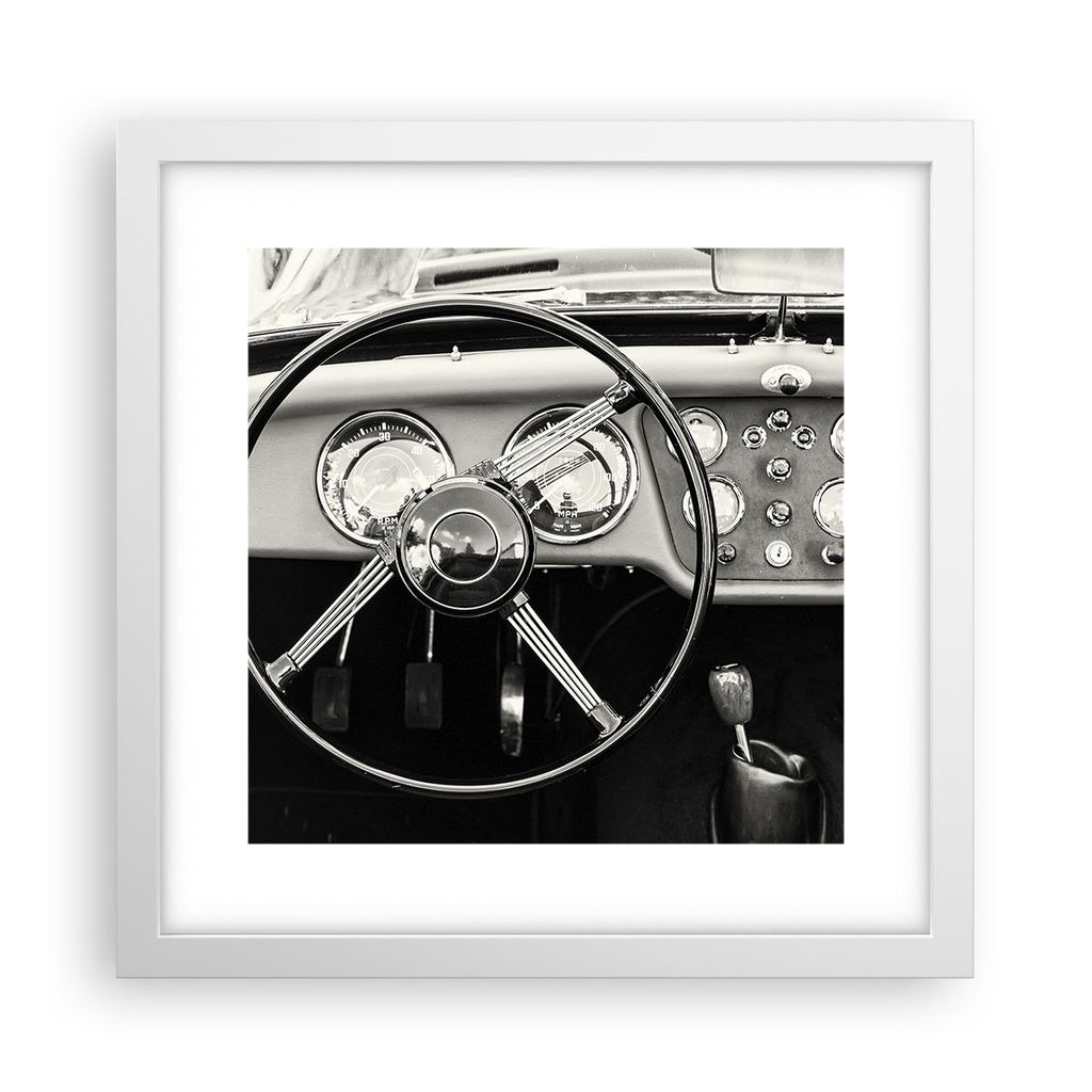 Gerahmtes Poster - Weißer Rahmen - Lenkrad Auto Vintage - 30x30 cm - Wand Bild - Wanddeko - Wandbilder - Kunstposter - Wandposter - Bilderrahmen -...
