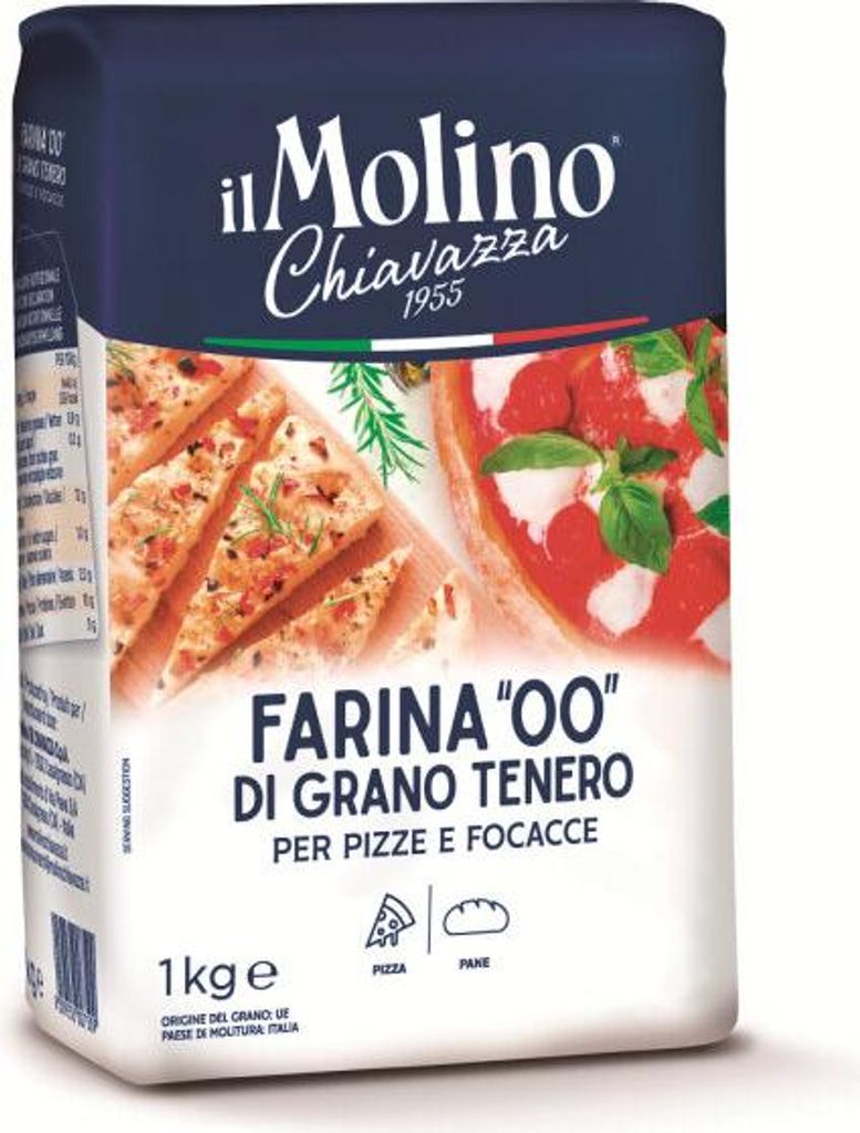 A bag of flour with images of pizza and focaccia.