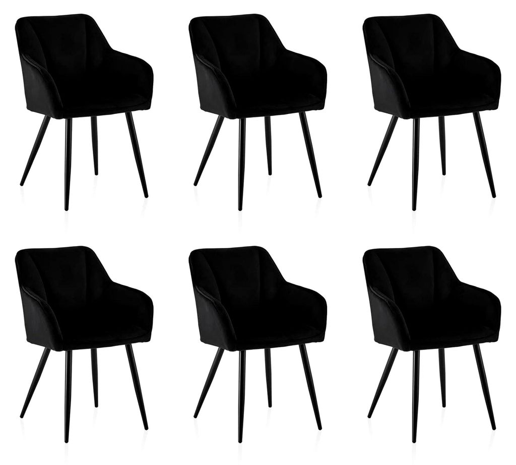 6er Set Esszimmerstühle aus Samt, Küchenstuhl mit Armlehnen, Polsterstuhl für Esszimmer, Wohnzimmer und Küche, Schwarz