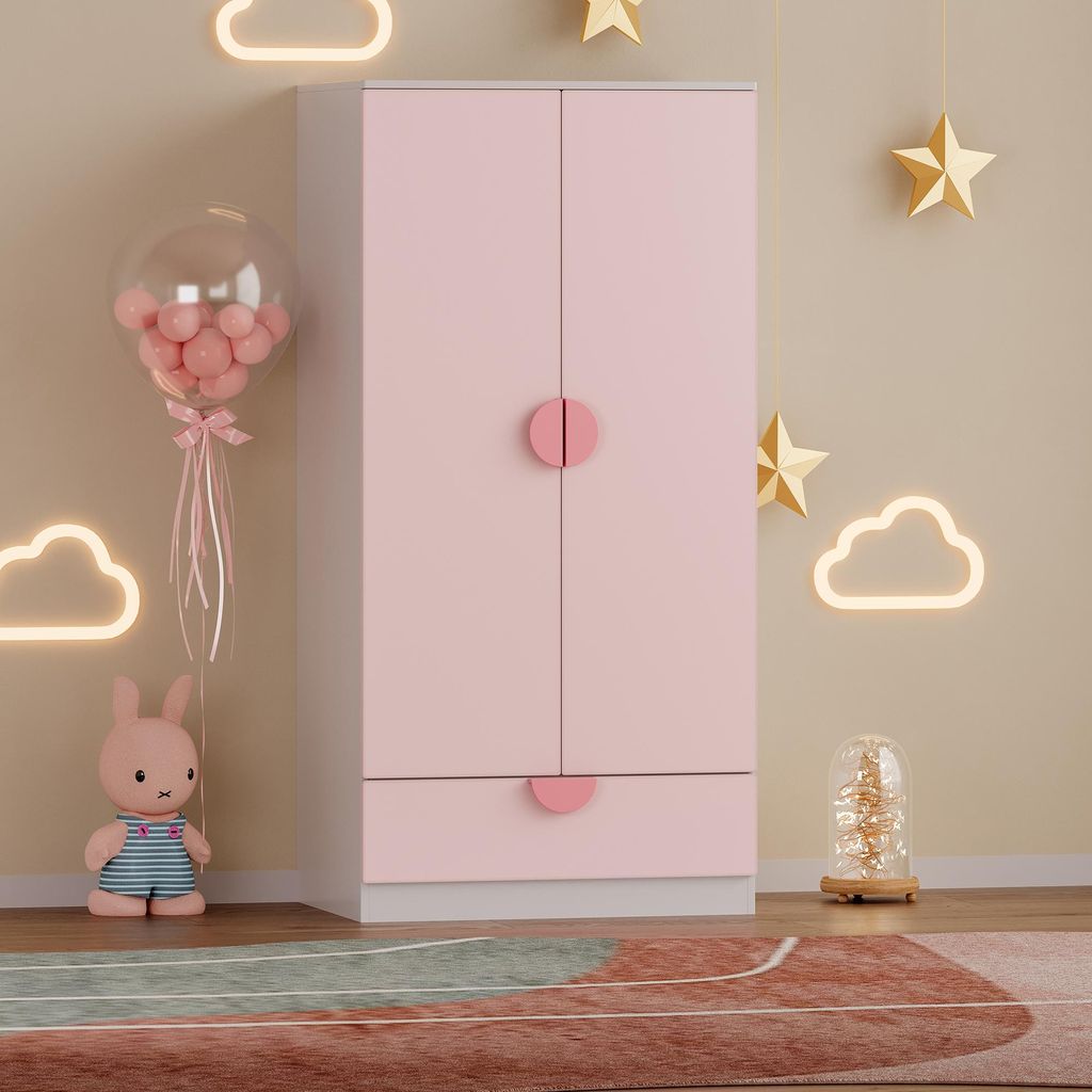A child's bedroom with a pink wardrobe, decorations, and a toy.