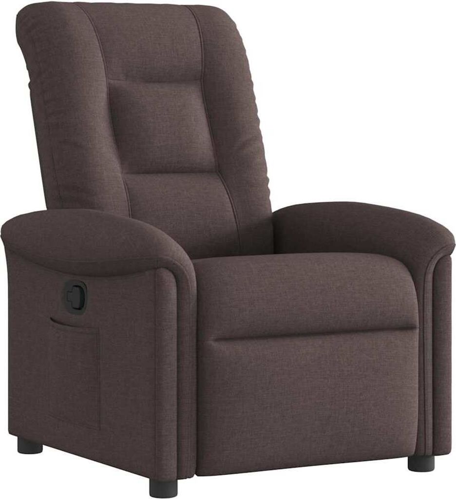 Dunkelbrauner Stoff Relaxsessel mit manueller Liegefunktion, dick gepolstert und Seitentasche, 77x91,5x96 cm