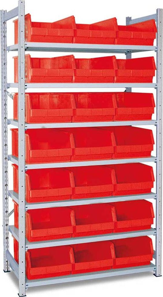 Steckregal, verzinkt, mit 7 Böden, Tiefe 515 mm, bestückt mit 21 Sichtboxen LB 2/21 Liter, rot