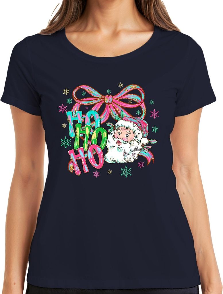 Ho Ho Ho Weihnachtsmann Schleife Schneeflocken Retro Geschenk Damen T-Shirt, Navy, S