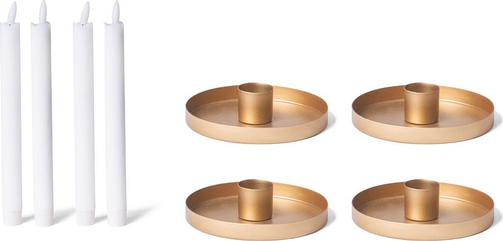 Novaliv 4x Kerzenhalter 6cm Metall Stabkerzen Tafelkerzen GOLD mit LED-Kerzen Echtwachs Premium Stabkerzen flammenlos elektrisch Adventskranz Kerze...