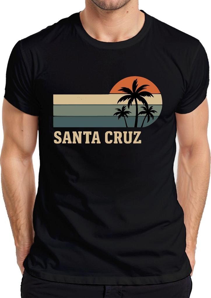 Santa Cruz Palmen Sonnenuntergang Retro Kalifornien Strand Surfen Herren T-Shirt, Schwarz, L