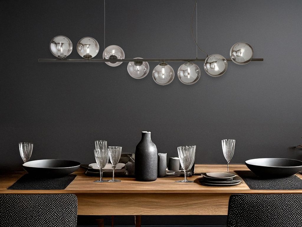 Ausgefallene LED Pendelleuchte lang mehrflammig Schwarz & Rauchglas für Esstisch