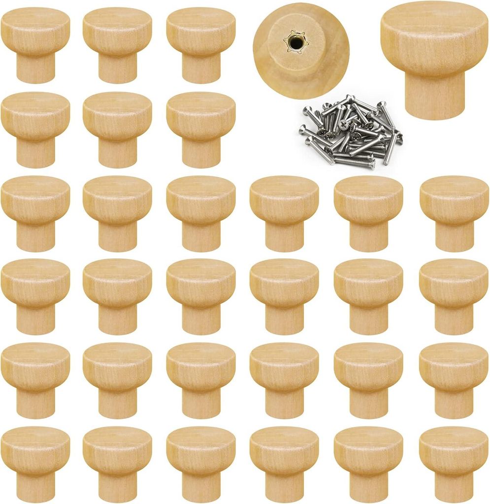 Set van 30 Houten Ladegrepen, Ronde Onbewerkte Handgrepen voor Kasten en Meubels