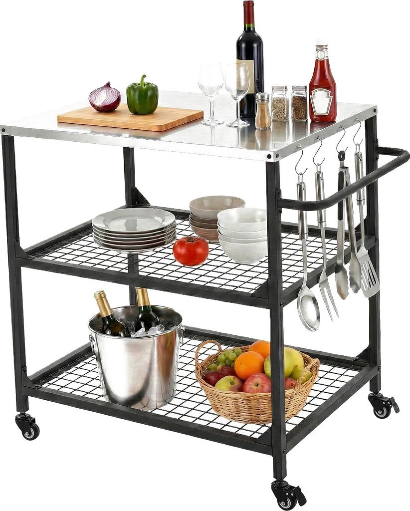 SucceBuy Grillwagen Outdoor 80x61 cm (Tischplattengröße), mobiler Grilltisch mit seitlichem Griff, 2 Ablagegittern und 4 Rollen, Servierwagen fü...