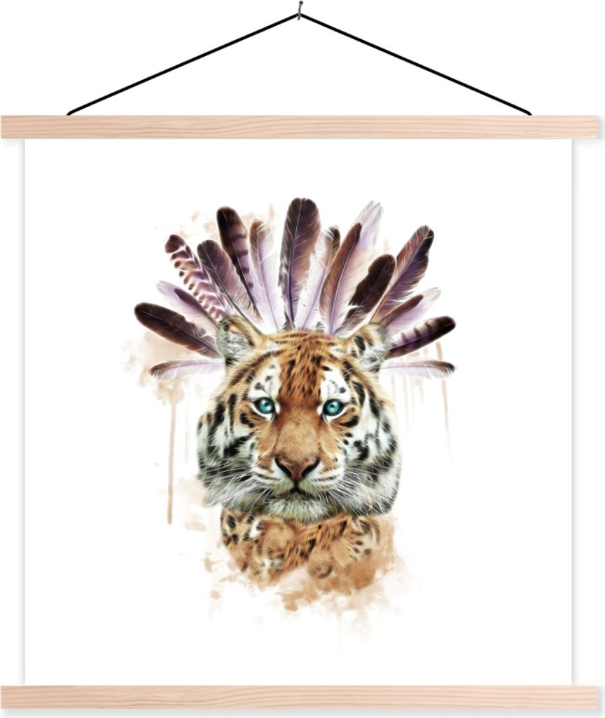 MuchoWow Textilposter Tiger - Weiß - Kopf 120x120 cm mit holzfarbenen Rahmen - Textil-Poster
