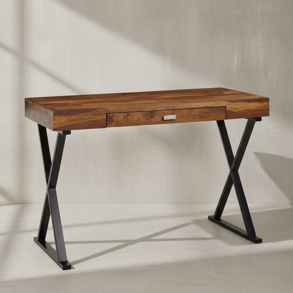 Massivholz Schreibtisch Sheesham, X-förmiges Metallgestell, Schublade. Schwarz, 120x55x78 cm | Kadima Design