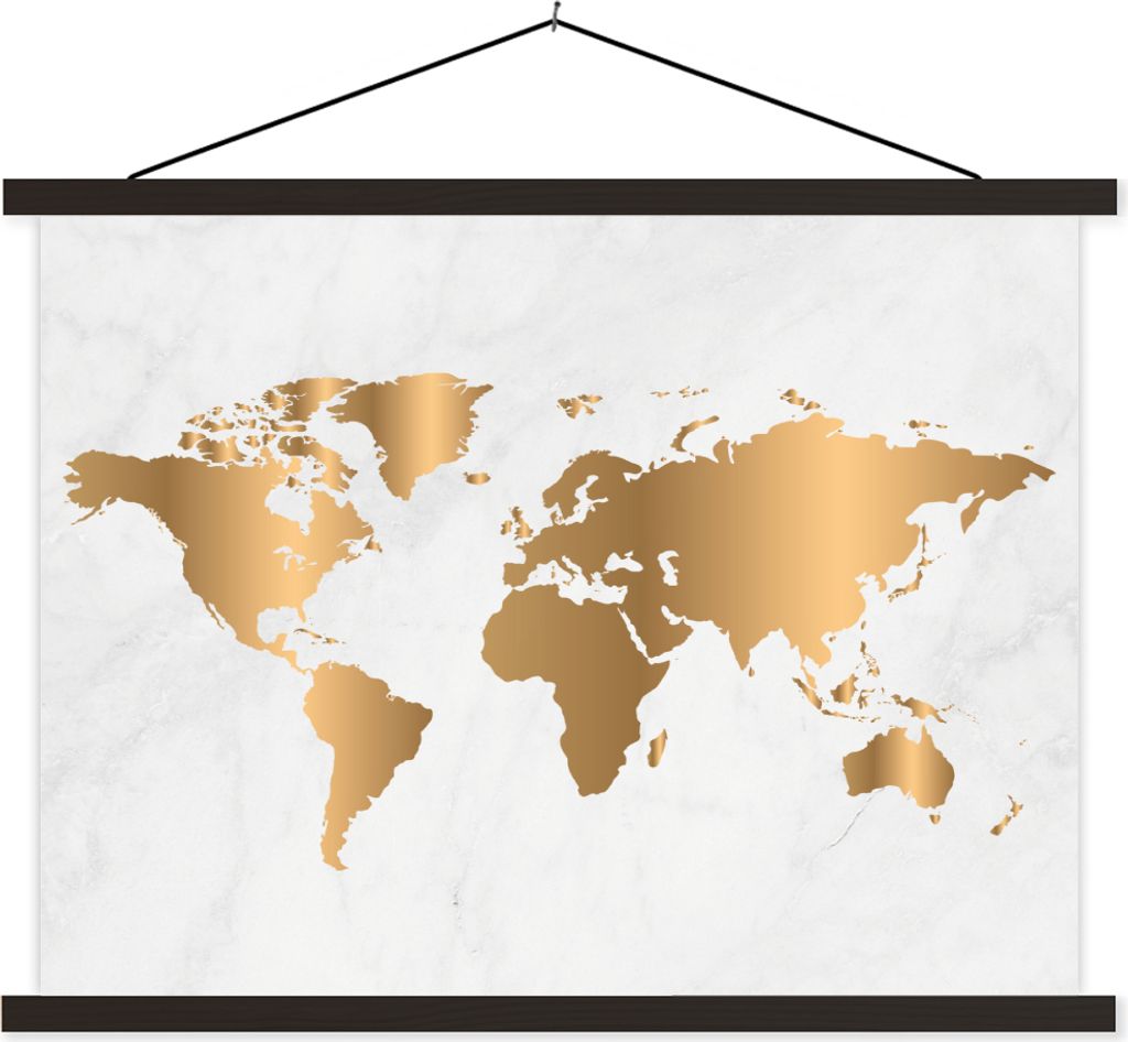 MuchoWow Textilposter Weltkarte - Marmor - Gold 150x113 cm mit schwarzem Rahmen - Wohnzimmer