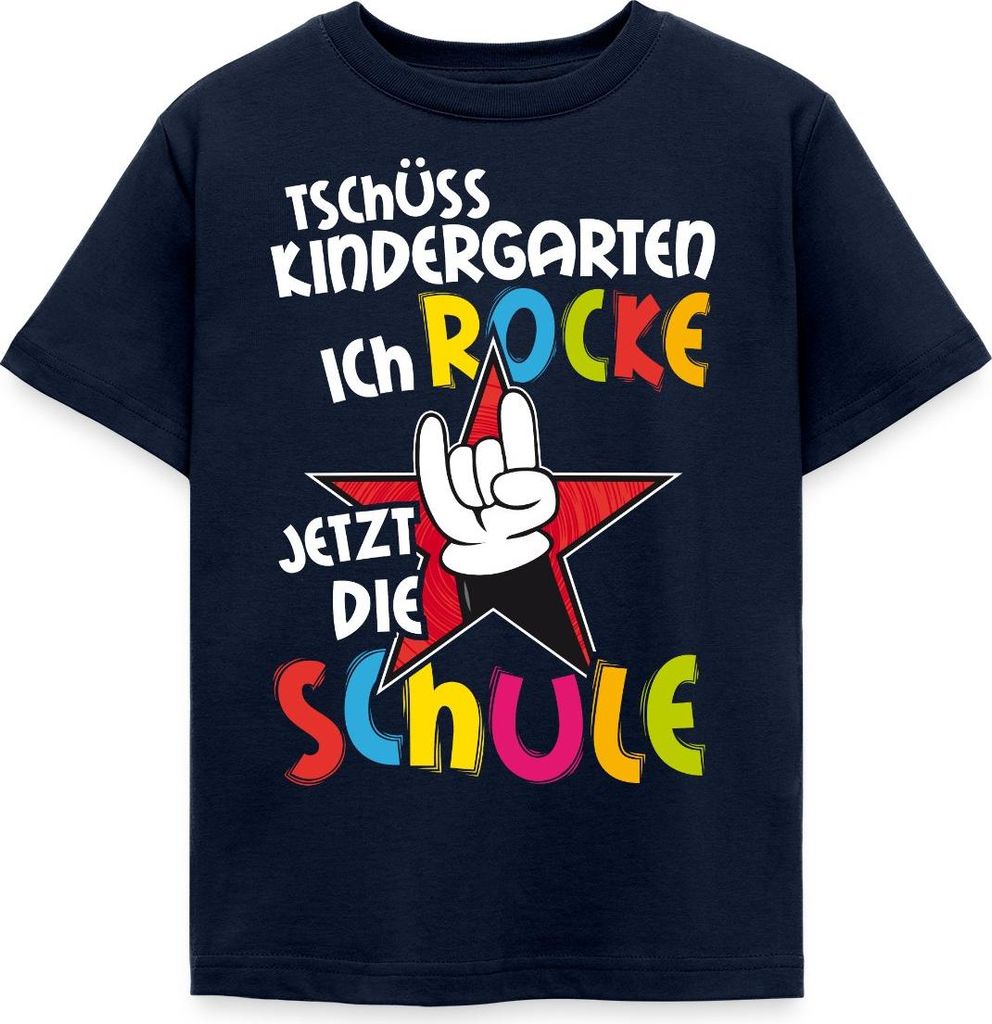 Spreadshirt Tschüss Kindergarten Ich Rocke Jetzt Die Schule Kinder T-Shirt, 98/104 (3-4 Jahre), Navy
