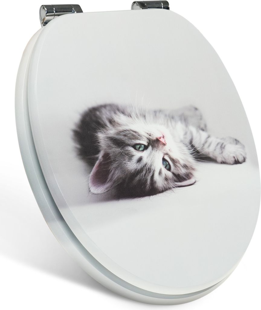 A toilet seat with a printed image of a kitten.