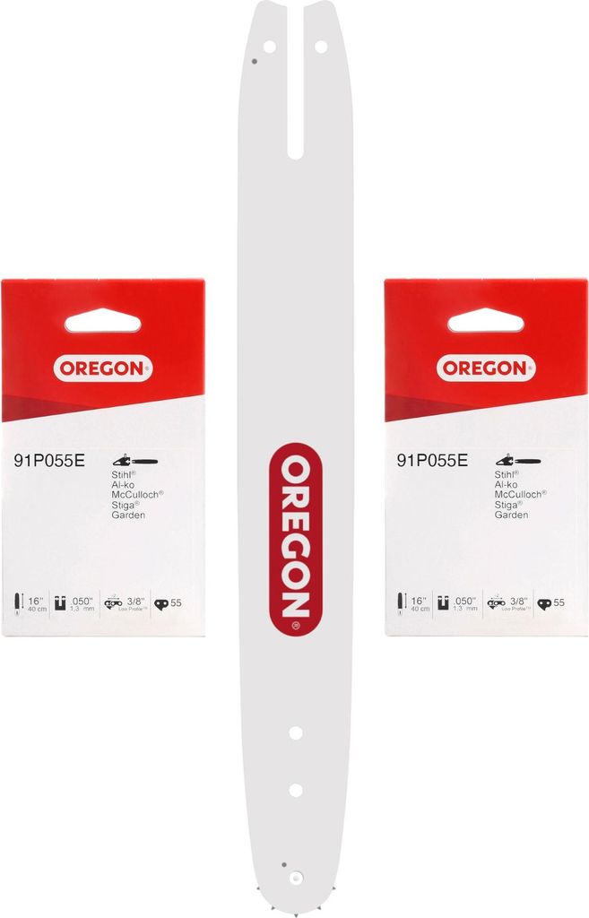 A white chainsaw bar is displayed vertically in the center, flanked by two red and white product boxes.