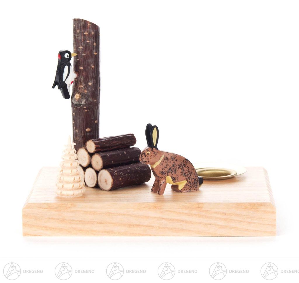Kerzenhalter mit Hase und Specht, für Kerze d=14mm Breite x Höhe x Tiefe 9,5 cmx7,5 cmx7,5 cm NEU