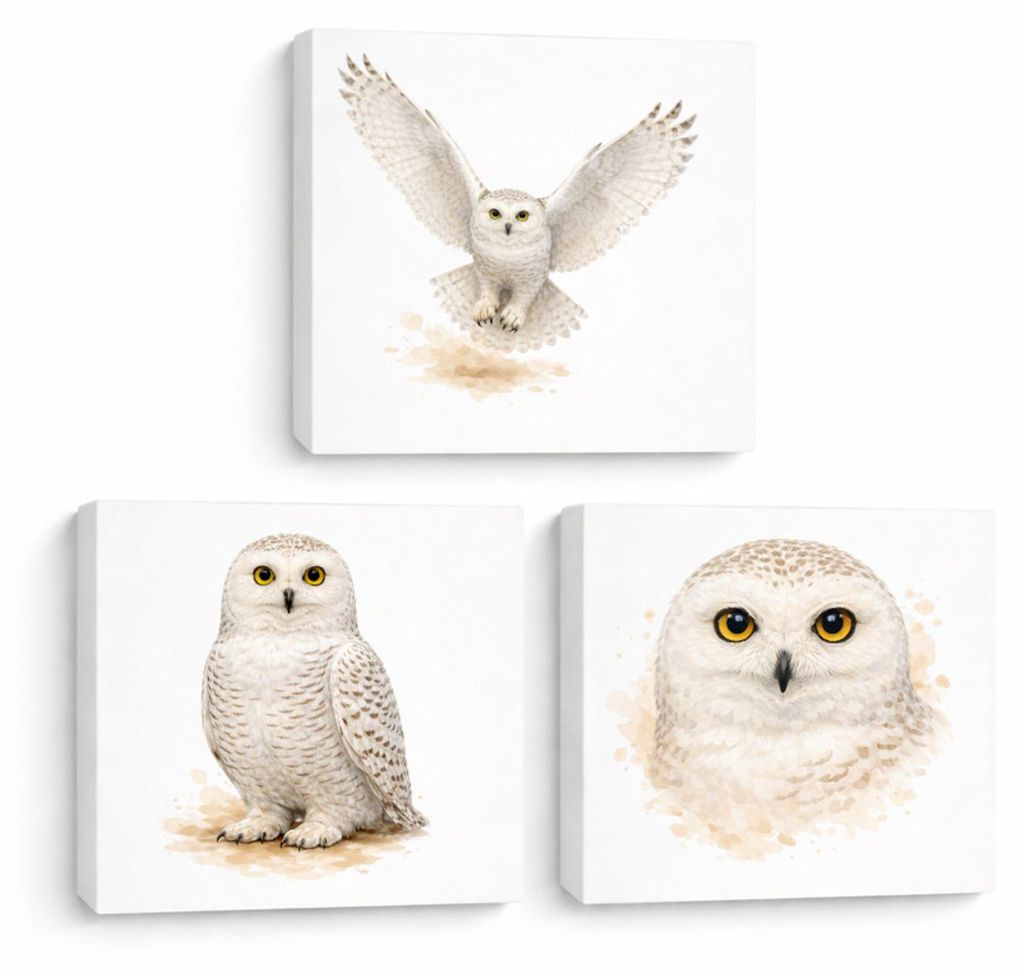 Schneeeulenzauber 3er Set Holzbilder in 20x20 cm zum Stellen oder Aufhängen er