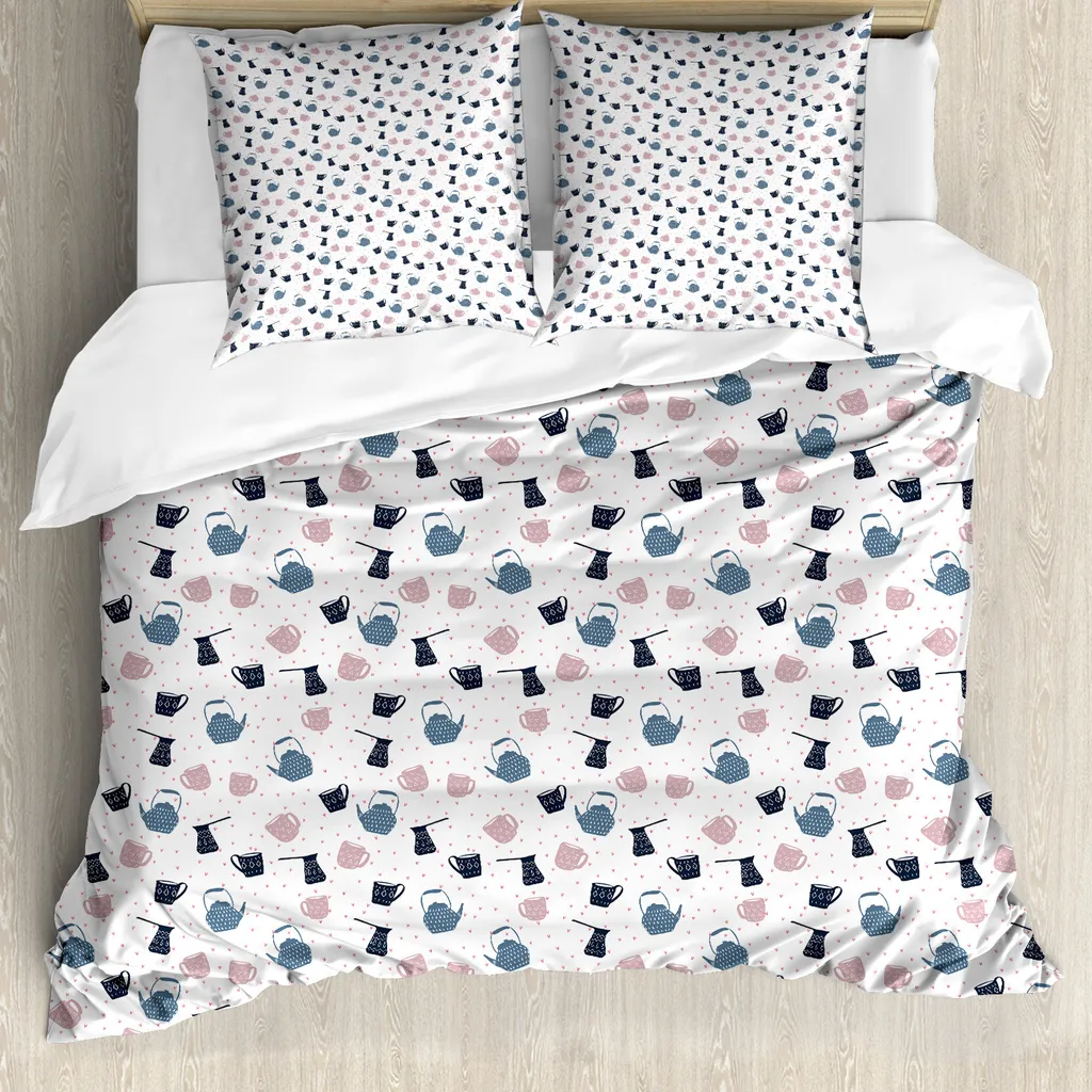 Housse de Couette 155x220 cm avec Taie d'Oreiller Motif Théière Rose