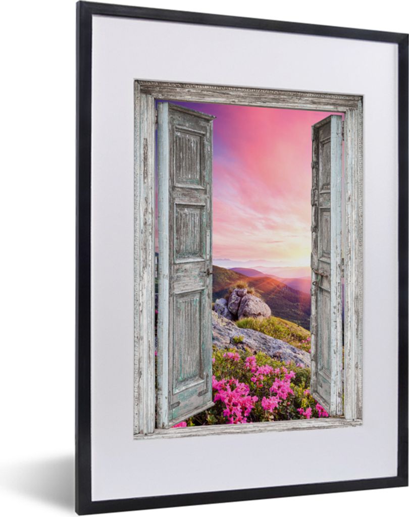 MuchoWow Gerahmtes Poster Berge - Landschaft - Aussicht - Blumen 30x40 cm - Poster mit Schwarzem Bilderrahmen Wandposter Rahmen Foto Bilder - Wan...