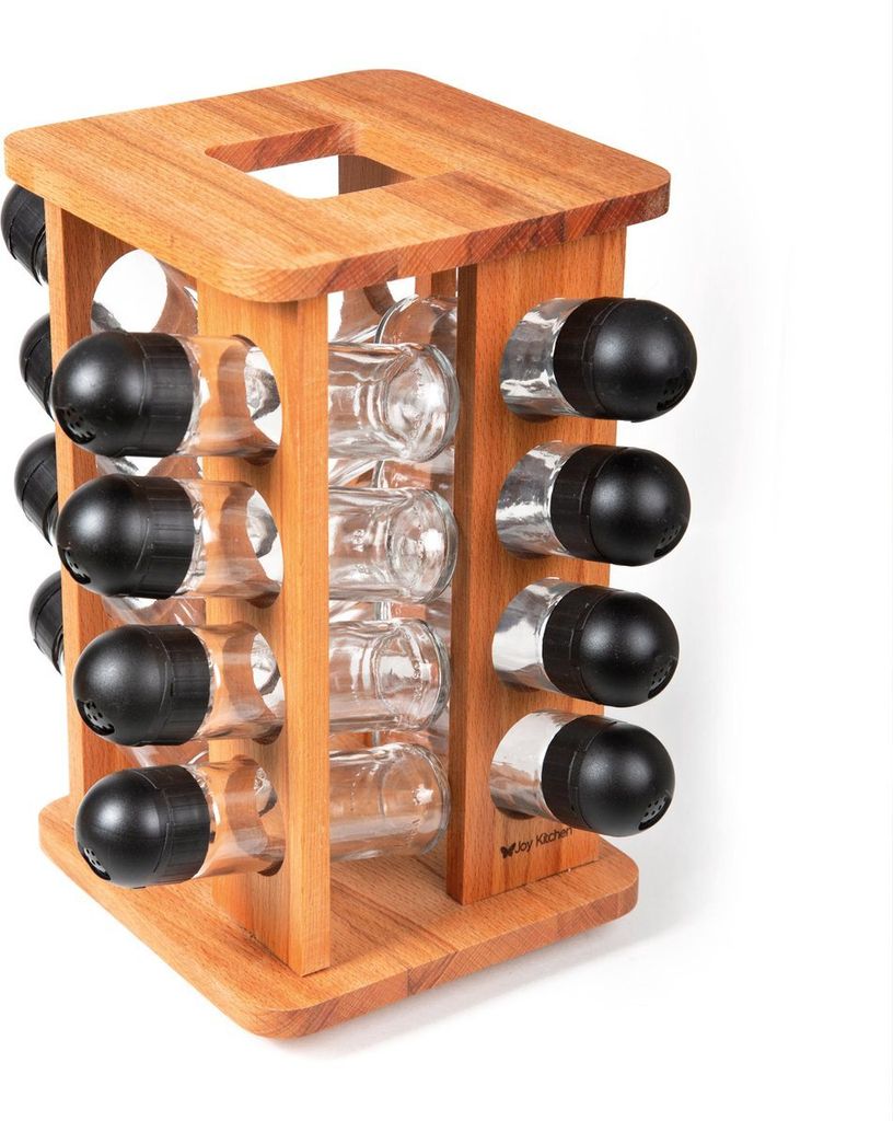 Joy Kitchen drehbares quadratisches Gewürzregal mit 16 Gewürzdosen aus Glas | Gewürzregal aus Holz | luftdichte Aufbewahrungsbox | Gewürzreg...