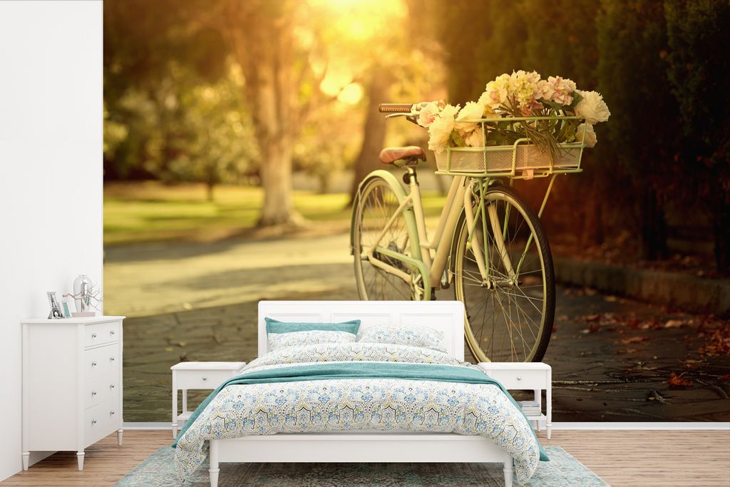 MuchoWow Fototapete für Wohnzimmer oder Schlafzimmer Wandtapete Vinyl Motivtapete Blumen im Fahrradkorb - 330x220 cm - Fototapeten