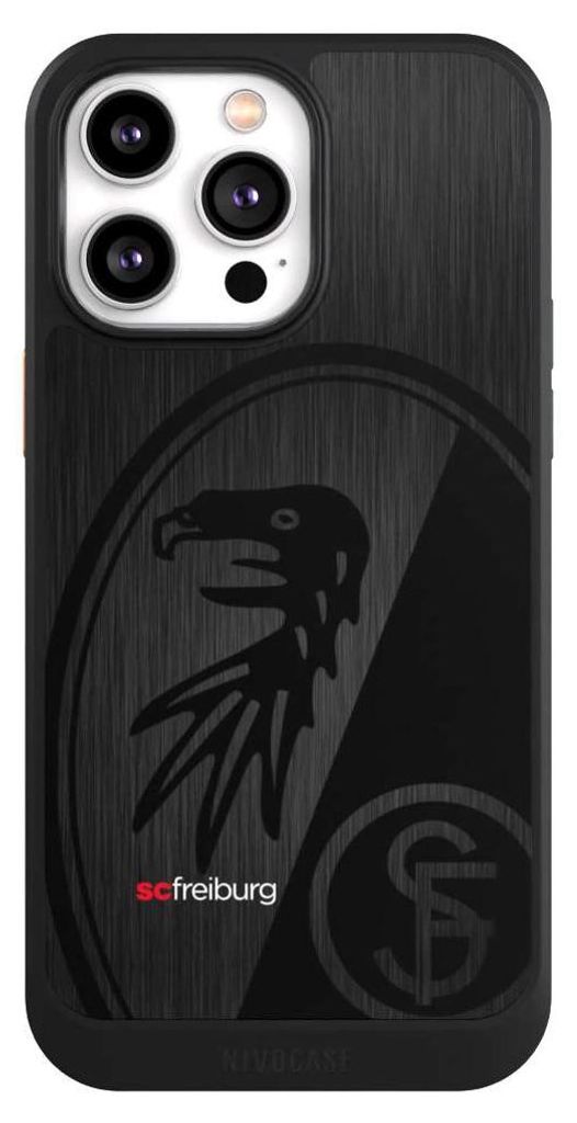 NIVOCASE Hülle für Apple iPhone 14 Pro Max Handyhülle NIVOcore Case Schwarz Metallic Look Offizielles Lizenzprodukt SC Freiburg