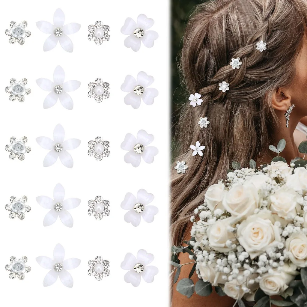 Lot de 20 mini-barrettes fleurs à strass blancs pour coiffure mariage