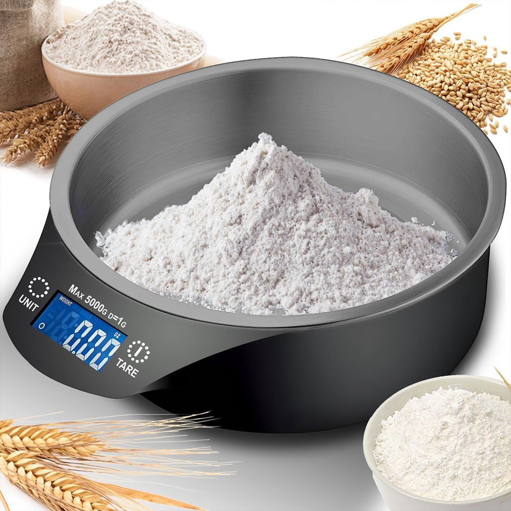 Digitale Küchenwaage mit Schüssel Digitalwaage mit LCD Display und Tara-Funktion Elektronische Waage bis 5kg Lebensmittelwaage Schwarz Retoo