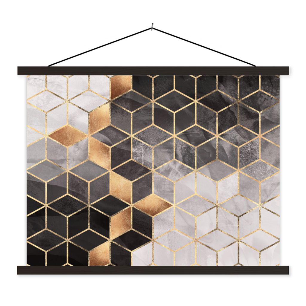 MuchoWow Textilposter Abstrakt - Würfel - Gold - Muster - Schwarz - Weiß 150x113 cm mit schwarzem Rahmen - Wohnzimmer