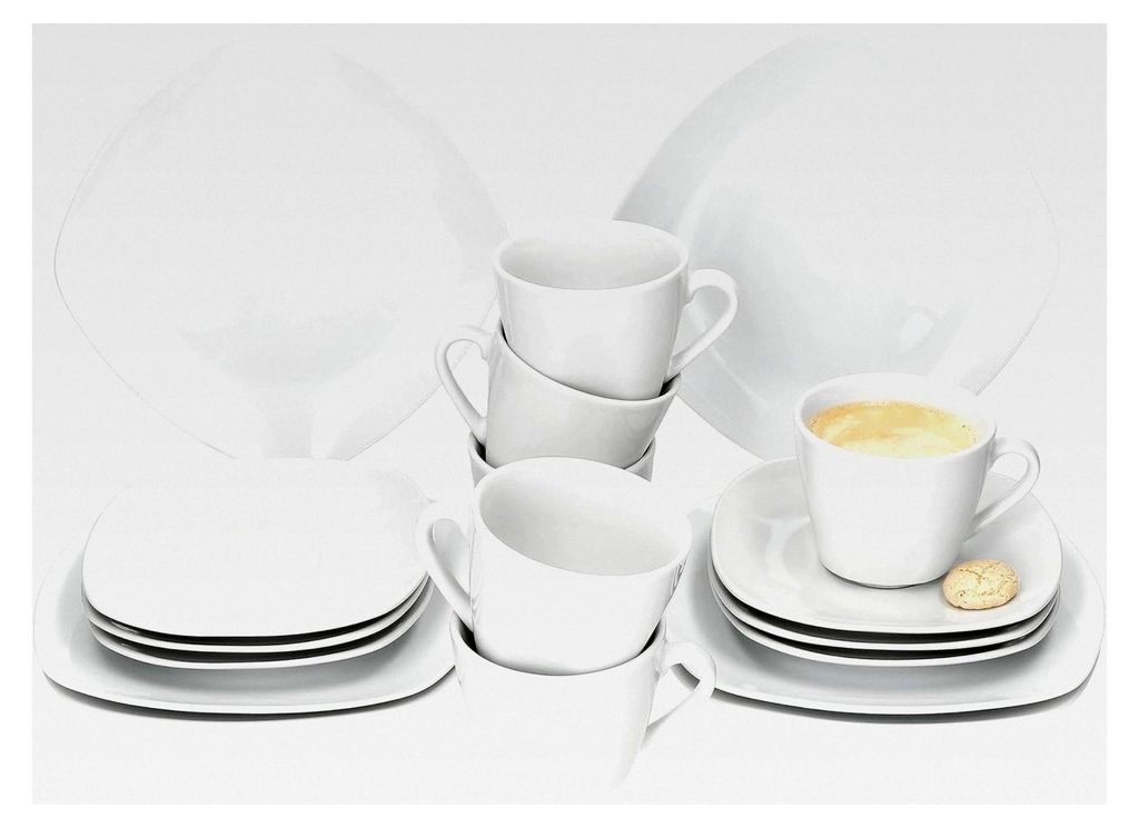 Kaffeeservice Lotta, 18-teilig, aus weißem Porzellan für 6 Personen, je 6 Kaffeetassen 170 ml, Untertassen und Kuchenteller, Geschirr für Frühs...