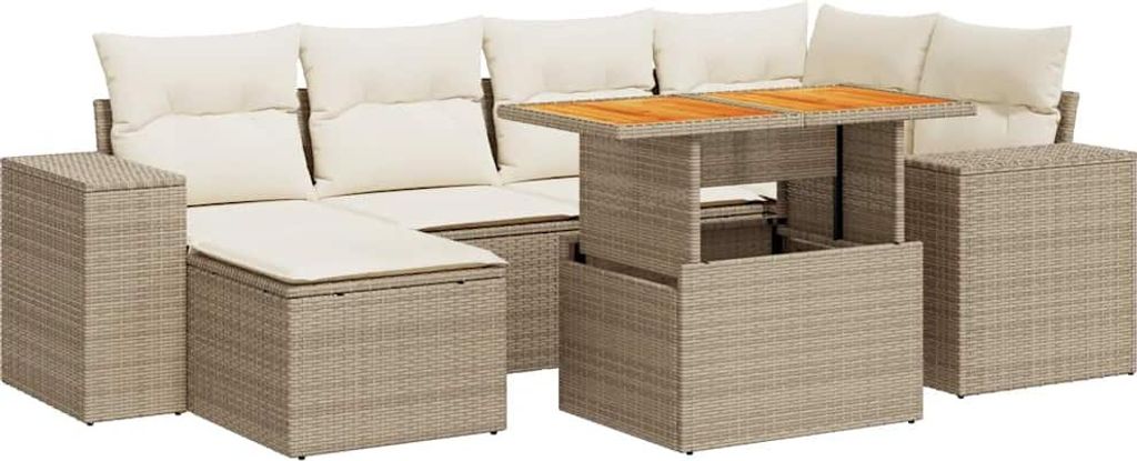 vidaXL 7-tlg. Garten-Sofagarnitur mit Kissen Beige Poly Rattan