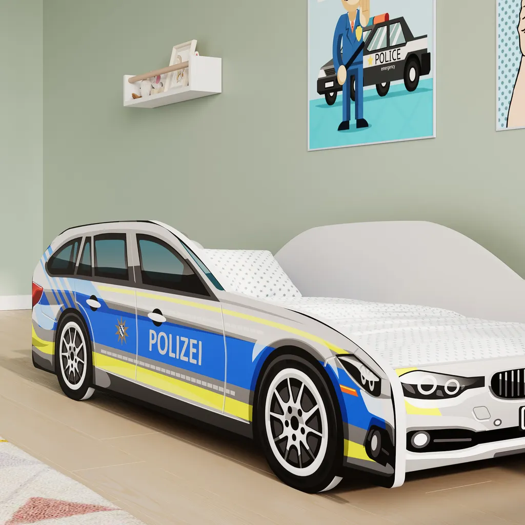 Lit de voiture police 70x140 cm avec matelas et barrière de sécurité