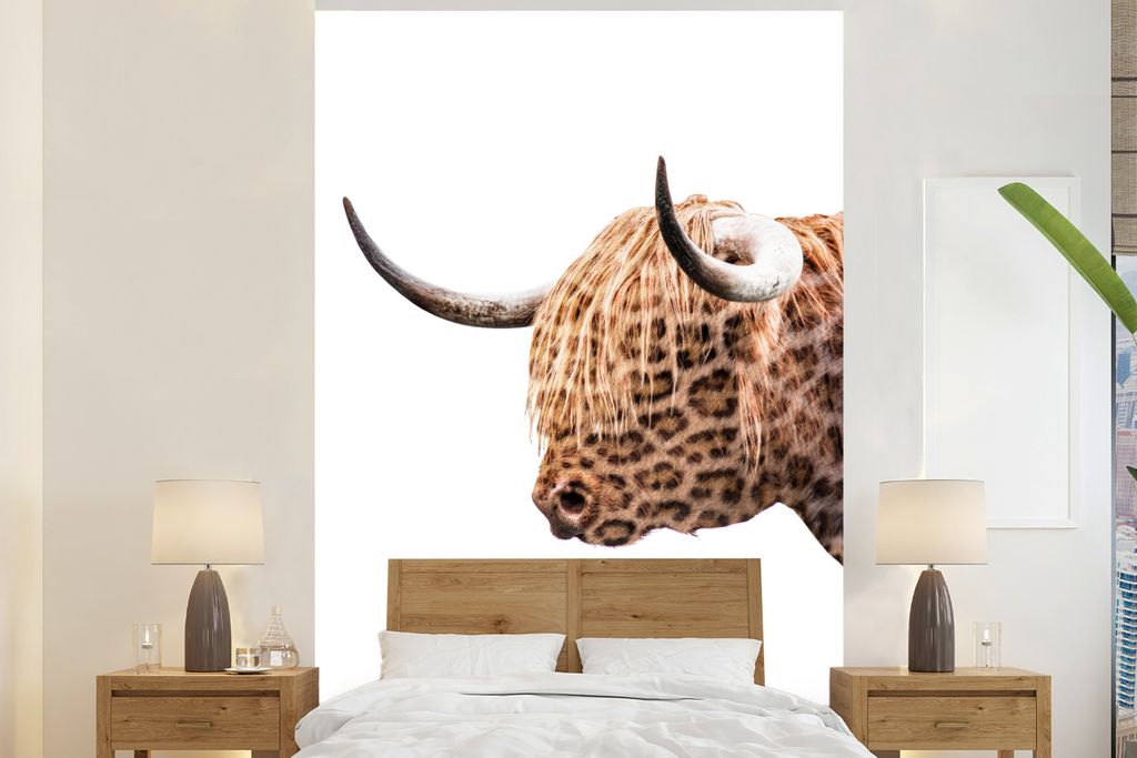 MuchoWow Fototapete für Wohnzimmer oder Schlafzimmer Wandtapete Vinyl Motivtapete Schottischer Highlander - Panther - Spiel - 170x260 cm - Wohnz...