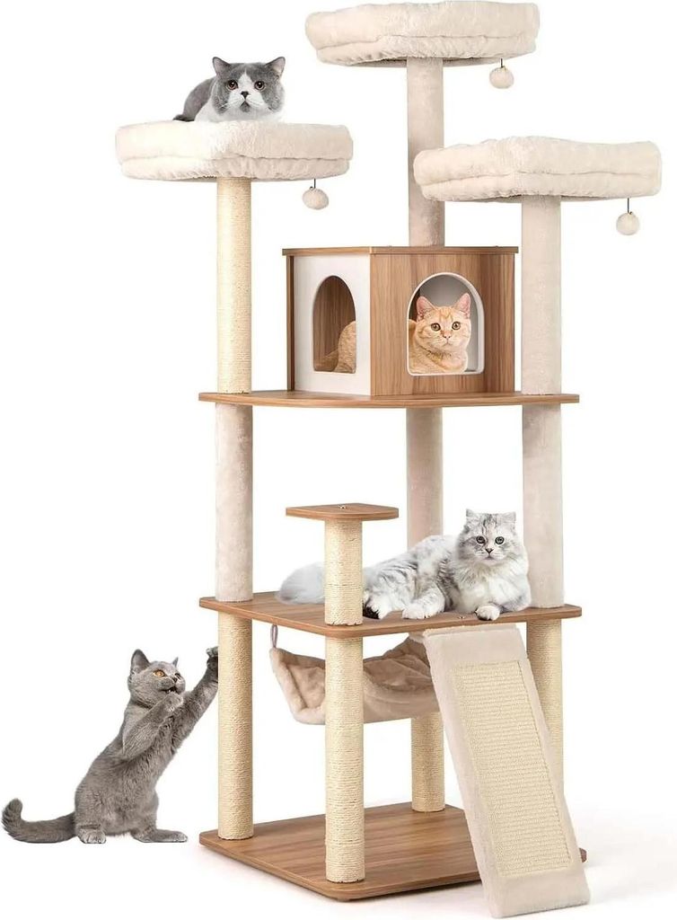 Kratzbaum für Katzen - Kletterbaum 168 cm - 5 Ebenen - Höhle, Leiter, Hängematte, Bälle, Matten - Holz - Weiß