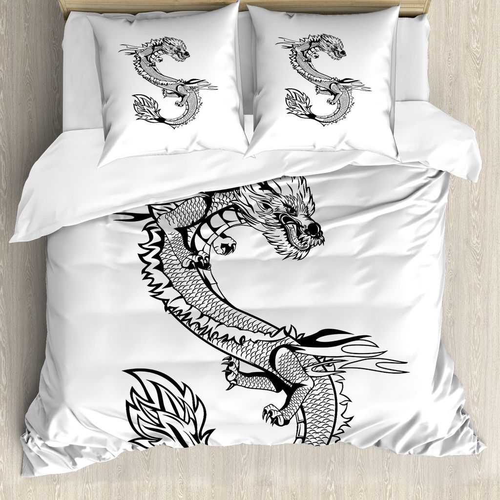 ABAKUHAUS japanische Drachen Bettbezug, esoterisch, Milbensicher Allergiker geeignet mit Kissenbezügen, 200 cm x 200 cm - 80 x 80 cm, Schwarz-Weiss