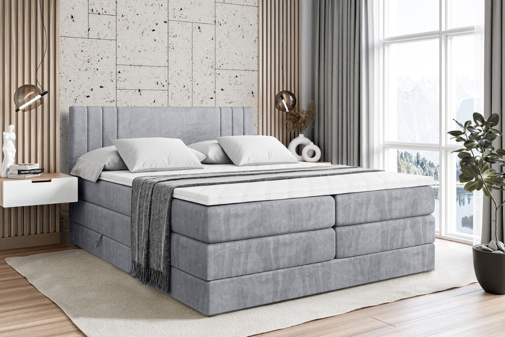 ALTDECOR Boxspringbett mit 2 Matratzen und Topper - 200x200 cm - IDRIKO KING - Hellgrau Samt - Polsterbett mit, H3- und H4- Matratzen, Bettkasten u...