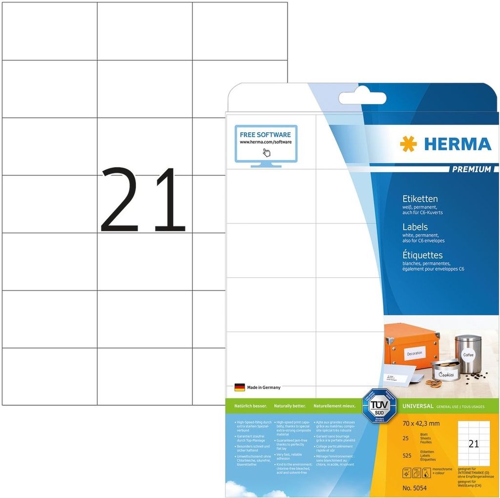Etiketten weiß 70x42,3mm Premium A4 VE=32x525 Stück