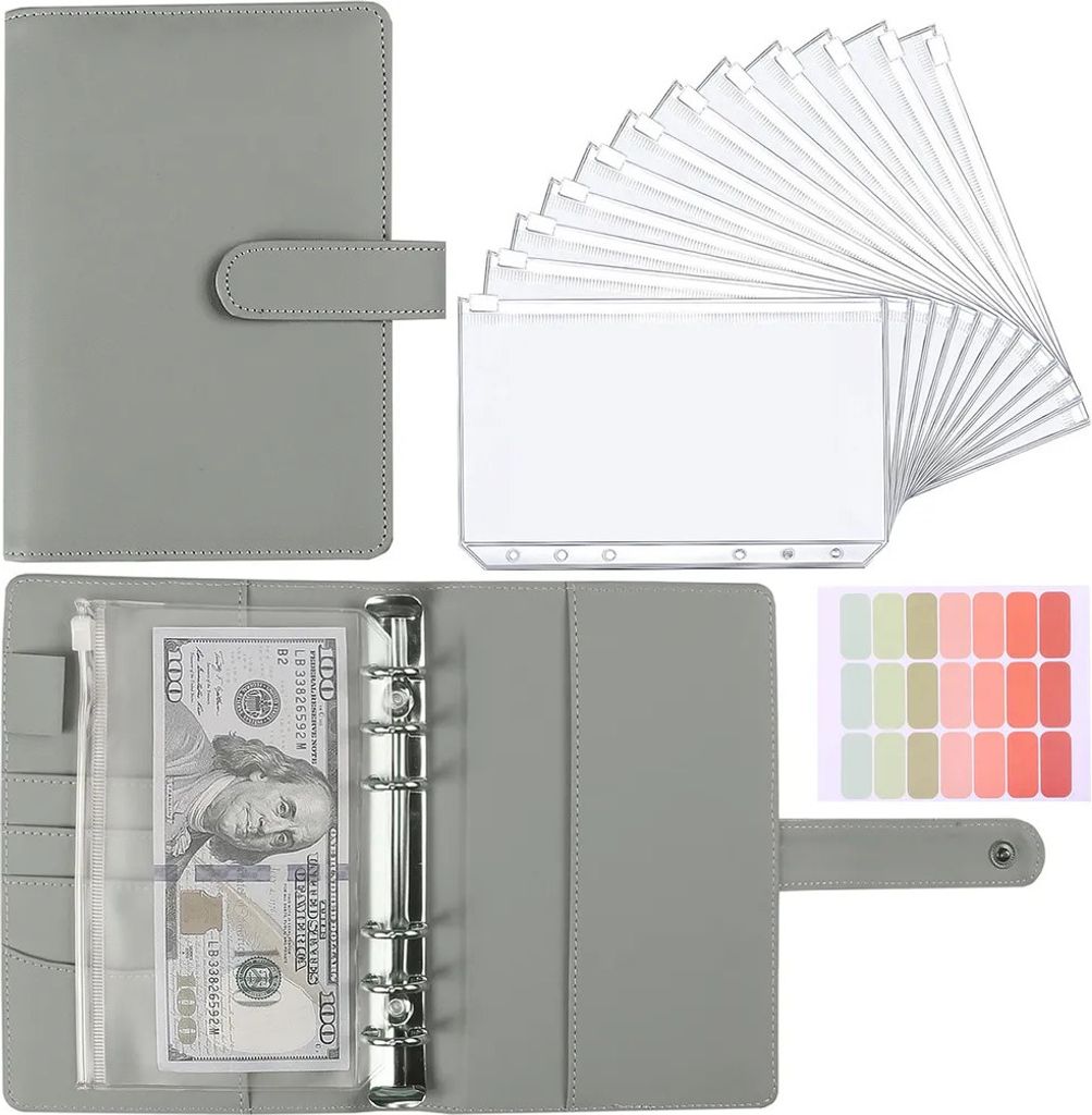 Binder Notizbuch, Reißverschlusstasche Binder Notizbuch, A6 Budget Binder mit 12 Stück Binder Pocket und 21Etikettenaufklebern, grau