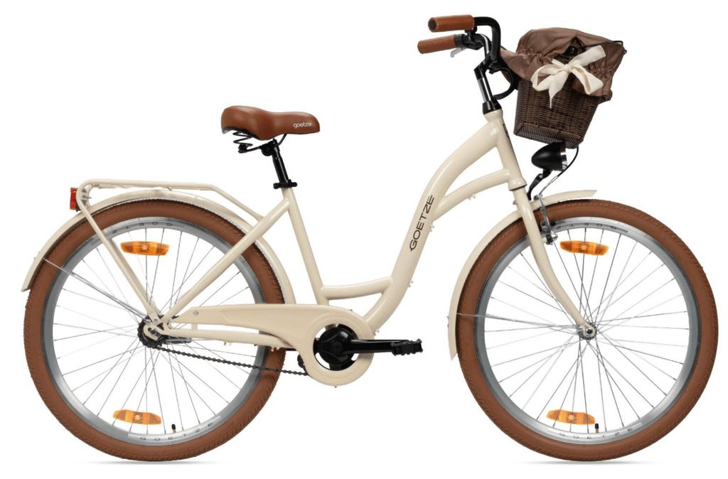 Goetze Style 26 Zoll City Bike, 43 cm Tiefeinsteiger, 1-Gang mit Rücktrittbremse hinten & V-Bremse vorne, LED-Beleuchtung, Rattankorb mit Bezug