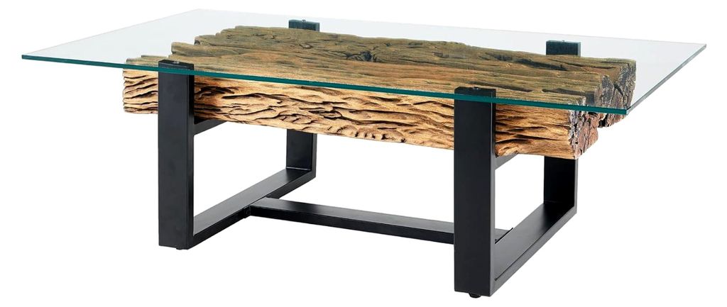 Design Couchtisch Barracuda 130 cm aus recyceltem Teakholz und Glas im Industrial-Stil, Beistelltisch für das Wohnzimmer