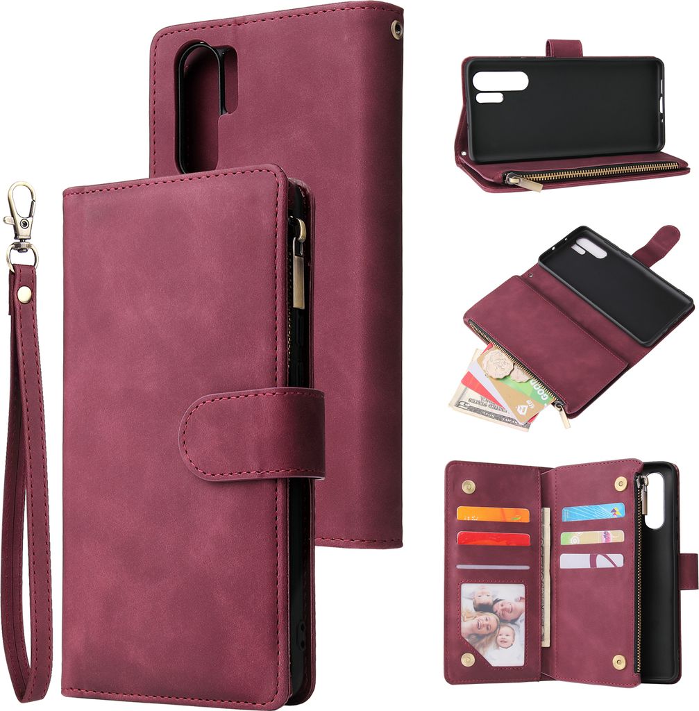 Für HUAWEI P30 lite pro Multi-Karten-Halterung Münze Geldbörse Reißverschluss Handy Kunstleder Case 5 Wein rot