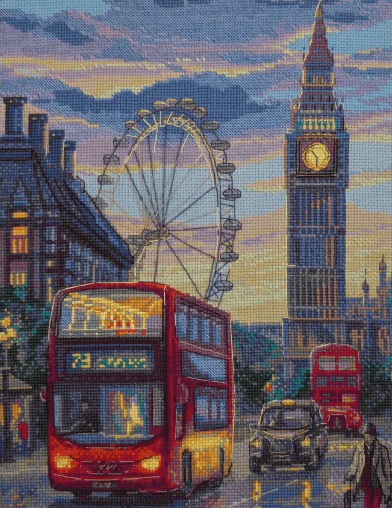 Kit broderie point de croix complet motif Londres 30x40cm facile à suivre
