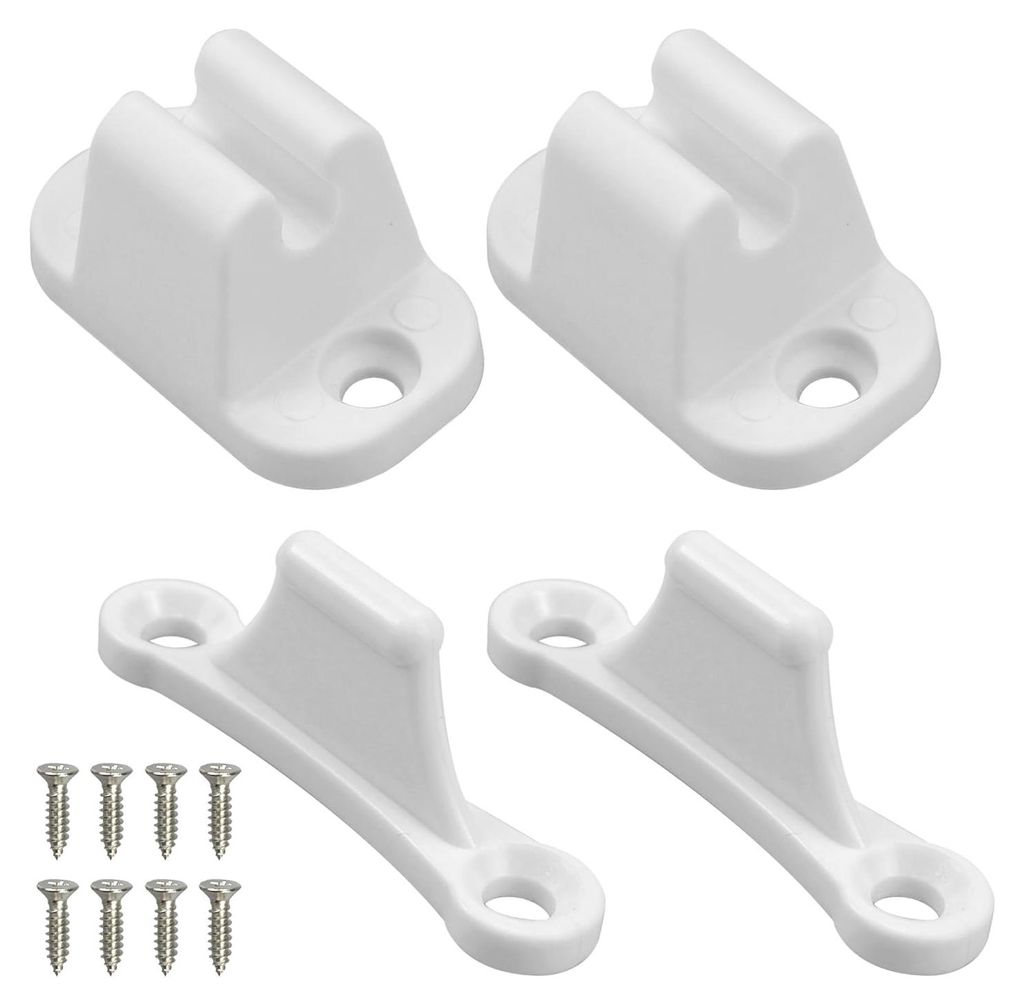 Einzelteile weißer Türriegel und Türstopper für Wohnmobile und Wohnwagen. Türstopper, Türhalter, Türstopper aus Kunststoff für Wohnmobile u...