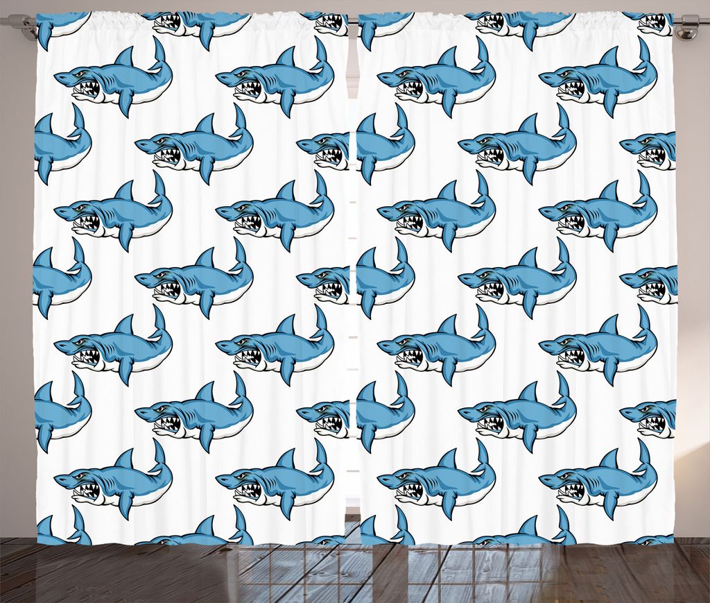 ABAKUHAUS Ozean Rustikaler Gardine, Sea Fierce Wilde Shark, Schlafzimmer Kräuselband Vorhang mit Schlaufen und Haken, 280 x 175 cm, Blau Weiss